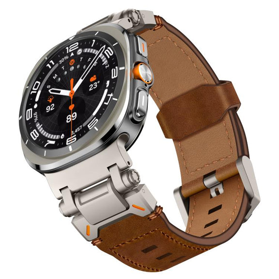 For Samsung Galaxy Watch Ultra 47mm / Ultra 2025 Explorer Stainless Steel Head Leather Watch Band(Titanium Crazy Horse)