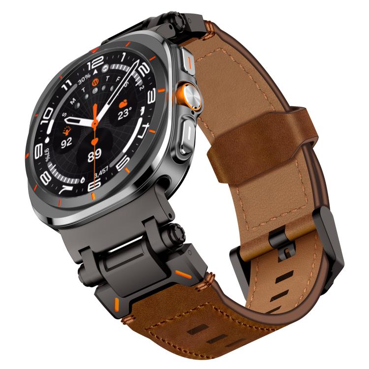 For Samsung Galaxy Watch Ultra 47mm / Ultra 2025 Explorer Stainless Steel Head Leather Watch Band(Black Crazy Horse)
