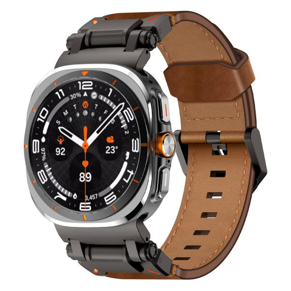For Samsung Galaxy Watch Ultra 47mm / Ultra 2025 Explorer Stainless Steel Head Leather Watch Band(Black Crazy Horse)