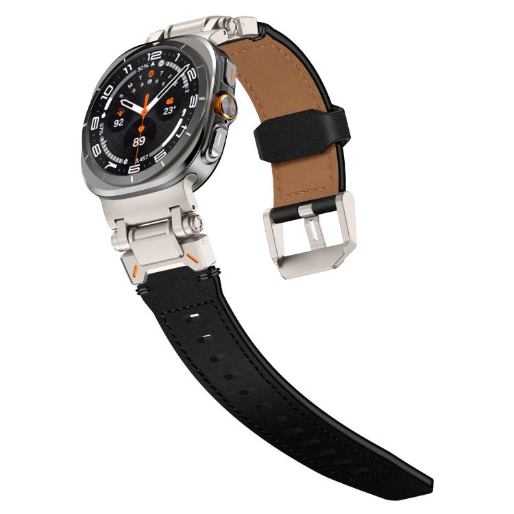 For Samsung Galaxy Watch Ultra 47mm Explorer Stainless Steel Head Leather Watch Band(Titanium Black)