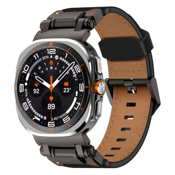 For Samsung Galaxy Watch Ultra 47mm Explorer Stainless Steel Head Leather Watch Band(Black)