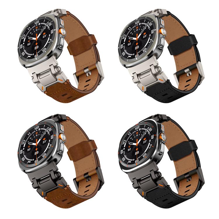 For Samsung Galaxy Watch Ultra 47mm / Ultra 2025 Explorer Stainless Steel Head Leather Watch Band(Titanium Crazy Horse)