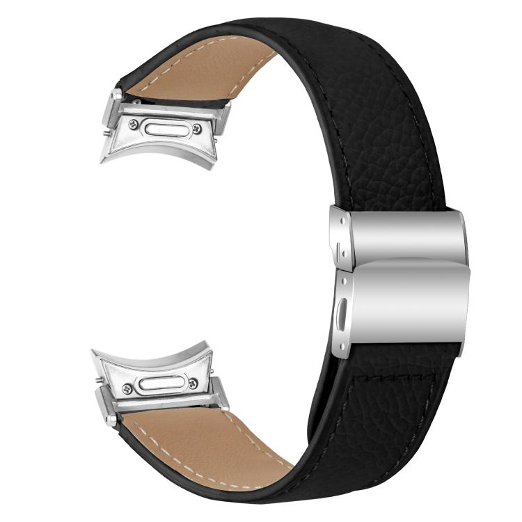 For Samsung Galaxy Watch 7 40 / 44mm Quick Release Lychee Texture Silver Turtle Back Buckle Leather Watch Band(Black)
