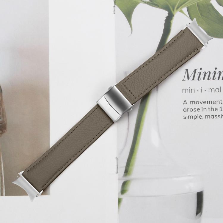 For Samsung Galaxy Watch 7 40 / 44mm Quick Release Lychee Texture Silver Turtle Back Buckle Leather Watch Band(Gray)