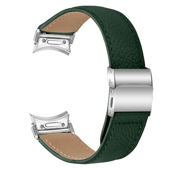 For Samsung Galaxy Watch 7 40 / 44mm Quick Release Lychee Texture Silver Turtle Back Buckle Leather Watch Band(Green)