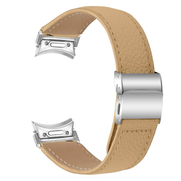 For Samsung Galaxy Watch 7 40 / 44mm Quick Release Lychee Texture Silver Turtle Back Buckle Leather Watch Band(Camel)