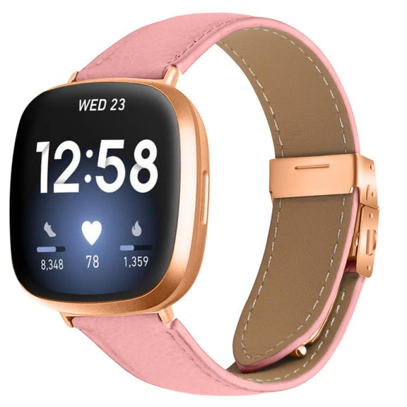 For Fitbit Versa 3 / 4 Lychee Texture Rose Gold Turtle Back Buckle Leather Watch Band(Pink)