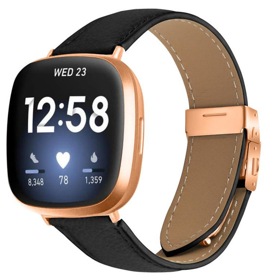 For Fitbit Versa 3 / 4 Lychee Texture Rose Gold Turtle Back Buckle Leather Watch Band(Black)