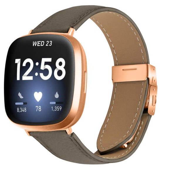 For Fitbit Versa 3 / 4 Lychee Texture Rose Gold Turtle Back Buckle Leather Watch Band(Gray)