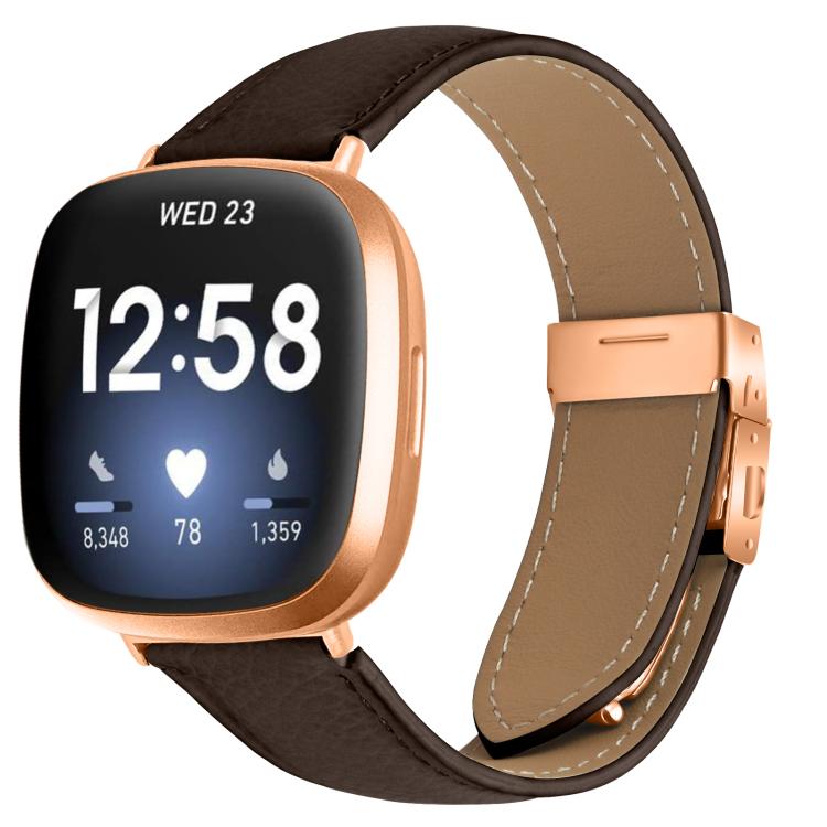 For Fitbit Versa 3 / 4 Lychee Texture Rose Gold Turtle Back Buckle Leather Watch Band(Coffee Color) - free shipping - PMC TechLife - Order now!