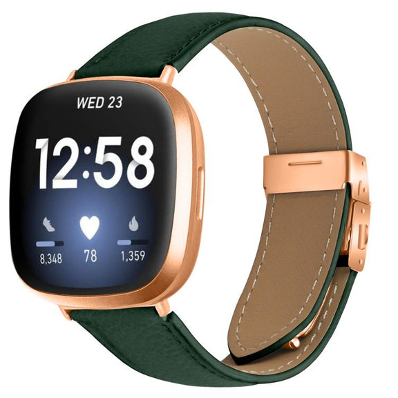 For Fitbit Versa 3 / 4 Lychee Texture Rose Gold Turtle Back Buckle Leather Watch Band(Green)