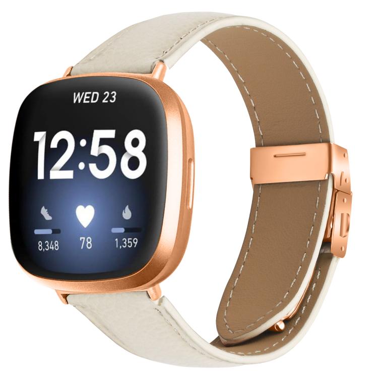 For Fitbit Versa 3 / 4 Lychee Texture Rose Gold Turtle Back Buckle Leather Watch Band(Creamy White) - free shipping - PMC TechLife - Order now!