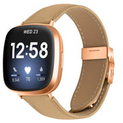 For Fitbit Versa 3 / 4 Lychee Texture Rose Gold Turtle Back Buckle Leather Watch Band(Camel)