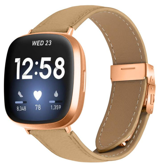 For Fitbit Versa 3 / 4 Lychee Texture Rose Gold Turtle Back Buckle Leather Watch Band(Camel)