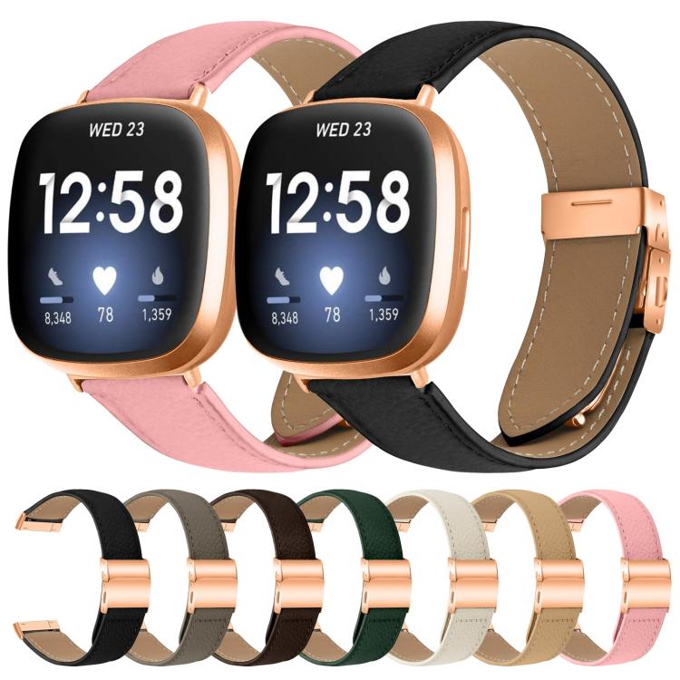 For Fitbit Versa 3 / 4 Lychee Texture Rose Gold Turtle Back Buckle Leather Watch Band(Coffee Color) - free shipping - PMC TechLife - Order now!