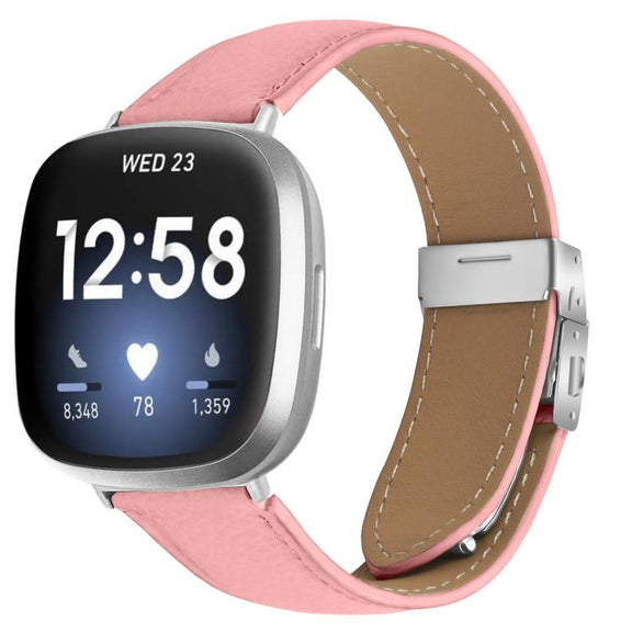 For Fitbit Versa 3 / 4 Lychee Texture Silver Turtle Back Buckle Leather Watch Band(Pink)