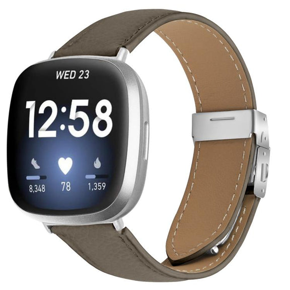 For Fitbit Versa 3 / 4 Lychee Texture Silver Turtle Back Buckle Leather Watch Band(Gray)