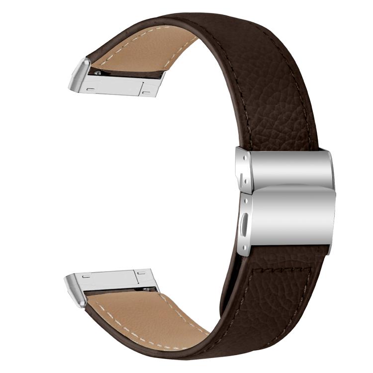 For Fitbit Versa 3 / 4 Lychee Texture Silver Turtle Back Buckle Leather Watch Band(Coffee Color)