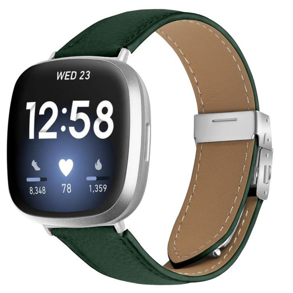 For Fitbit Versa 3 / 4 Lychee Texture Silver Turtle Back Buckle Leather Watch Band(Green)
