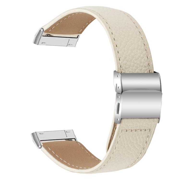 For Fitbit Versa 3 / 4 Lychee Texture Silver Turtle Back Buckle Leather Watch Band(Creamy White)