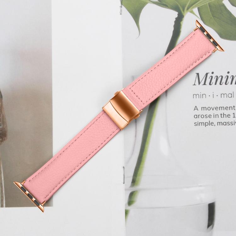 For Apple Watch 46mm / 49mm / 45mm / 44mm Lychee Texture Rose Gold Turtle Back Buckle Leather Watch Band(Pink)