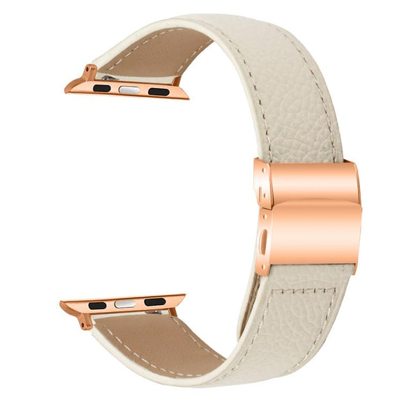 For Apple Watch 46mm / 49mm / 45mm / 44mm Lychee Texture Rose Gold Turtle Back Buckle Leather Watch Band(Creamy White)