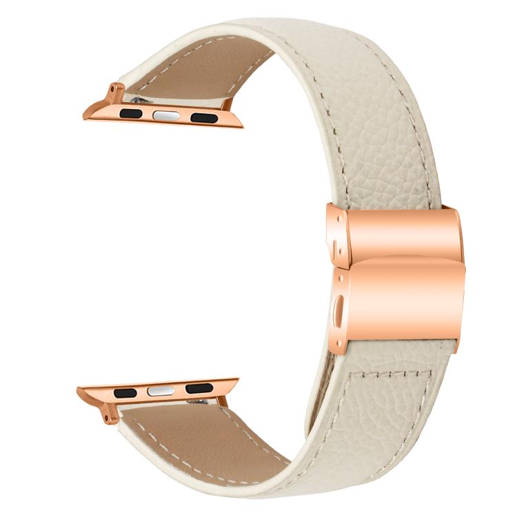 For Apple Watch 46mm / 49mm / 45mm / 44mm Lychee Texture Rose Gold Turtle Back Buckle Leather Watch Band(Creamy White)