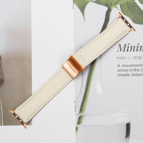 For Apple Watch 46mm / 49mm / 45mm / 44mm Lychee Texture Rose Gold Turtle Back Buckle Leather Watch Band(Creamy White)