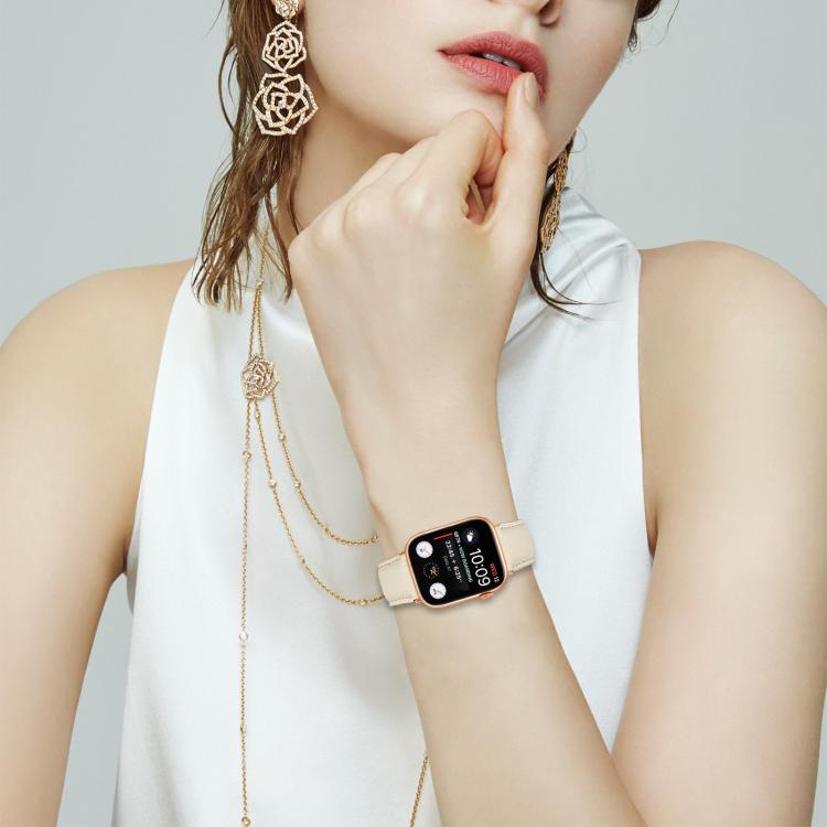 For Apple Watch 46mm / 49mm / 45mm / 44mm Lychee Texture Rose Gold Turtle Back Buckle Leather Watch Band(Creamy White)