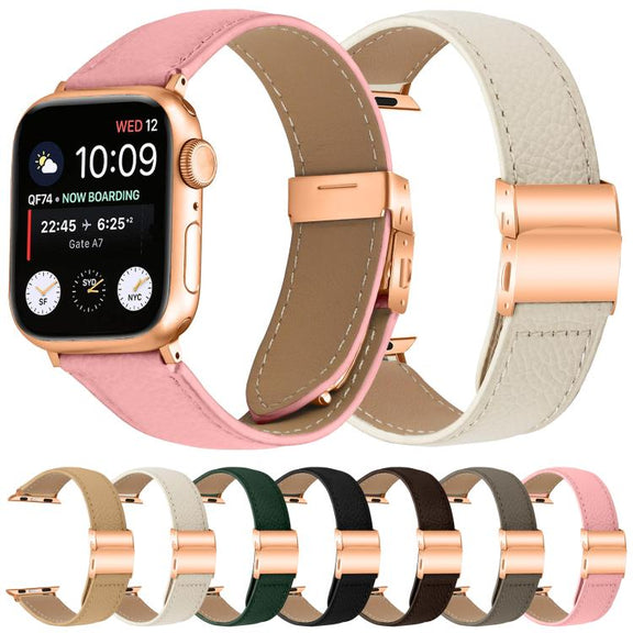 For Apple Watch 46mm / 49mm / 45mm / 44mm Lychee Texture Rose Gold Turtle Back Buckle Leather Watch Band(Pink)