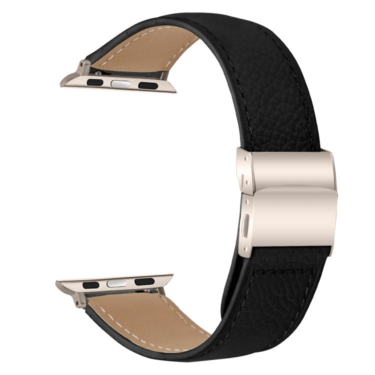 For Apple Watch 42mm / 41mm / 40mm / 38mm Lychee Texture Starlight Turtle Back Buckle Leather Watch Band(Black)