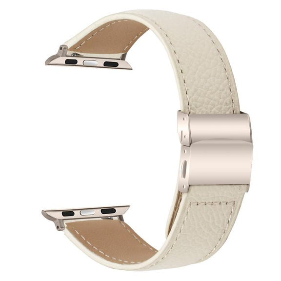 For Apple Watch 46mm / 49mm / 45mm / 44mm Lychee Texture Starlight Turtle Back Buckle Leather Watch Band(Creamy White)