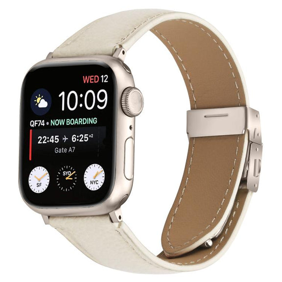 For Apple Watch 46mm / 49mm / 45mm / 44mm Lychee Texture Starlight Turtle Back Buckle Leather Watch Band(Creamy White)