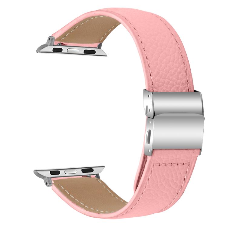 For Apple Watch 46mm / 49mm / 45mm / 44mm Lychee Texture Silver Turtle Back Buckle Leather Watch Band(Pink)