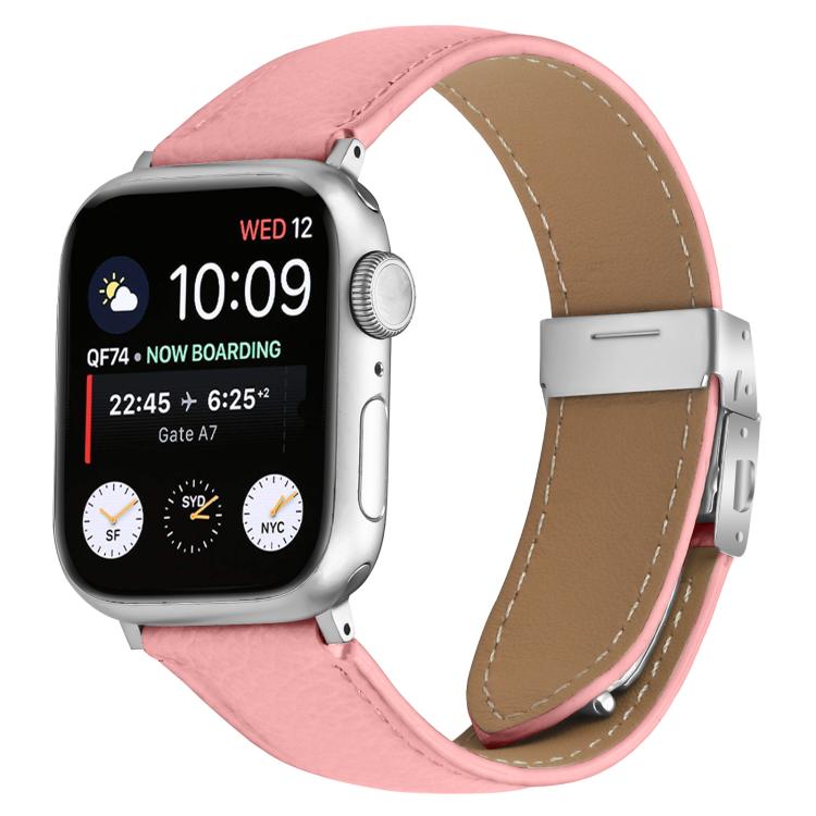For Apple Watch 42mm / 41mm / 40mm / 38mm Lychee Texture Silver Turtle Back Buckle Leather Watch Band(Pink) - free shipping - PMC TechLife - Order now!