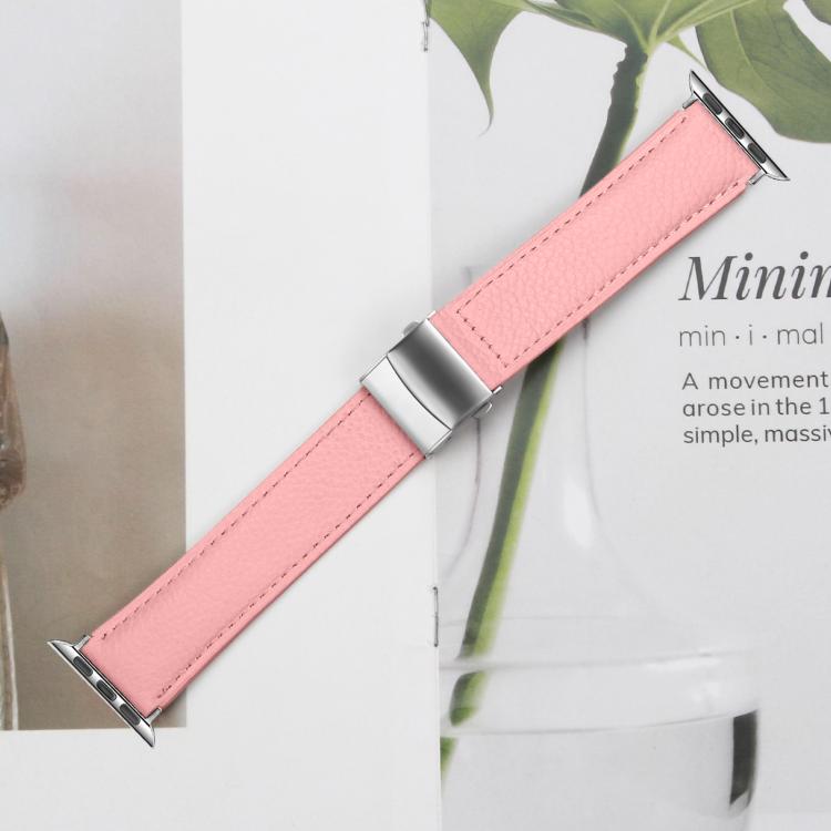 For Apple Watch 42mm / 41mm / 40mm / 38mm Lychee Texture Silver Turtle Back Buckle Leather Watch Band(Pink) - free shipping - PMC TechLife - Order now!