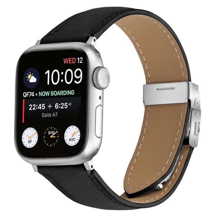 For Apple Watch 42mm / 41mm / 40mm / 38mm Lychee Texture Silver Turtle Back Buckle Leather Watch Band(Black) - free shipping - PMC TechLife - Order now!