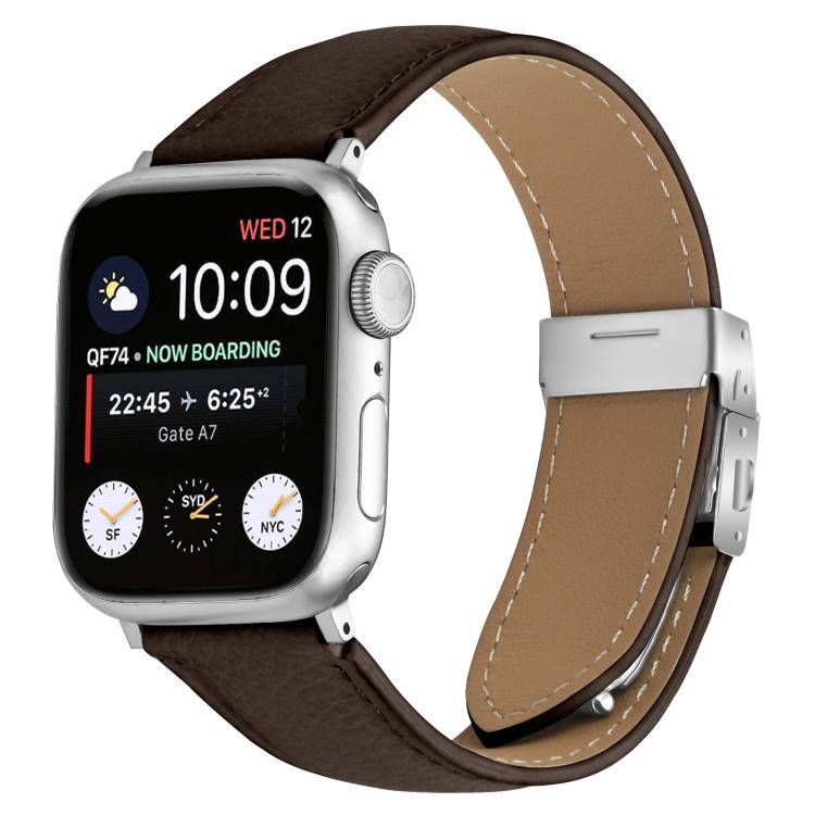 For Apple Watch 42mm / 41mm / 40mm / 38mm Lychee Texture Silver Turtle Back Buckle Leather Watch Band(Coffee Color) - free shipping - PMC TechLife - Order now!
