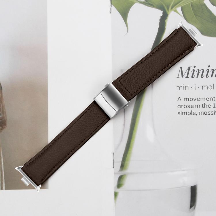 For Xiaomi Smart Bnad 9 Pro / Redmi Watch 5 Lychee Texture Silver Turtle Back Buckle Leather Watch Band(Coffee Color)
