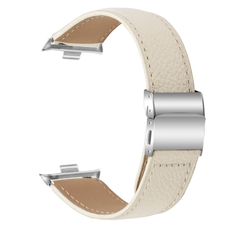 For Xiaomi Smart Bnad 9 Pro / Redmi Watch 5 Lychee Texture Silver Turtle Back Buckle Leather Watch Band(Creamy White)