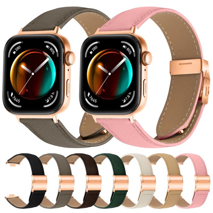 For Huawei Watch Fit 4 / Fit 4 Pro / Fit 3 Lychee Texture Rose Gold Turtle Back Buckle Leather Watch Band(Pink)