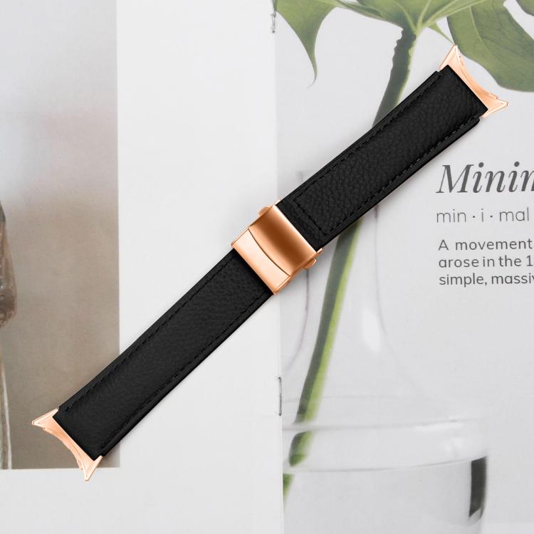 For Google Pixel Watch / Watch 2 / 3 41mm Lychee Texture Rose Gold Turtle Back Buckle Leather Watch Band(Black)