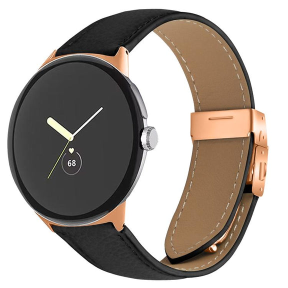 For Google Pixel Watch / Watch 2 / 3 41mm Lychee Texture Rose Gold Turtle Back Buckle Leather Watch Band(Black)
