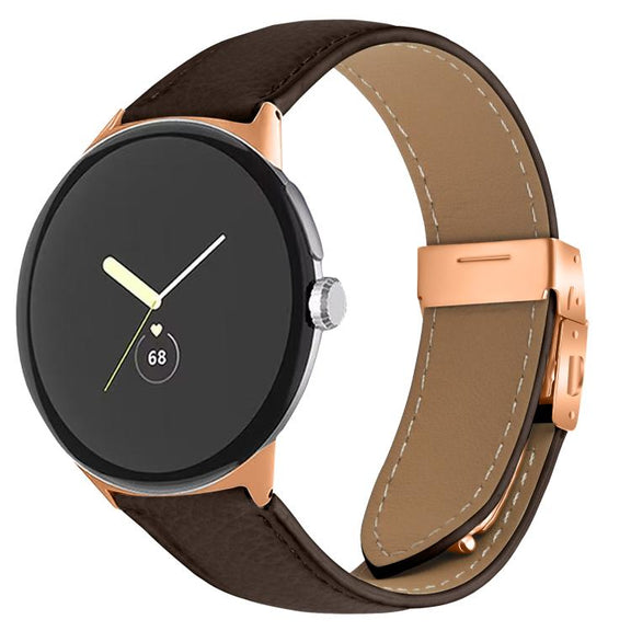 For Google Pixel Watch / Watch 2 / 3 41mm Lychee Texture Rose Gold Turtle Back Buckle Leather Watch Band(Coffee Color)