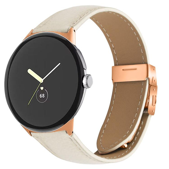 For Google Pixel Watch / Watch 2 / 3 41mm Lychee Texture Rose Gold Turtle Back Buckle Leather Watch Band(Creamy White)