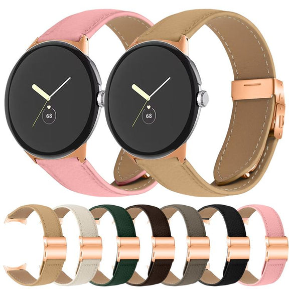 For Google Pixel Watch / Watch 2 / 3 41mm Lychee Texture Rose Gold Turtle Back Buckle Leather Watch Band(Pink)