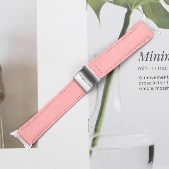 For Google Pixel Watch / Watch 2 / 3 41mm Lychee Texture Silver Turtle Back Buckle Leather Watch Band(Pink)