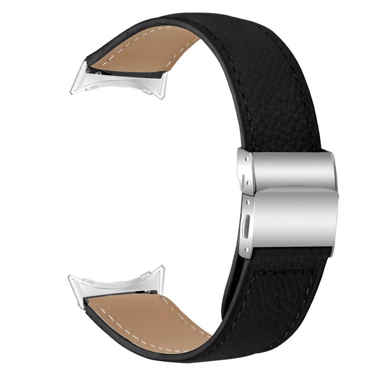 For Google Pixel Watch / Watch 2 / 3 41mm Lychee Texture Silver Turtle Back Buckle Leather Watch Band(Black)