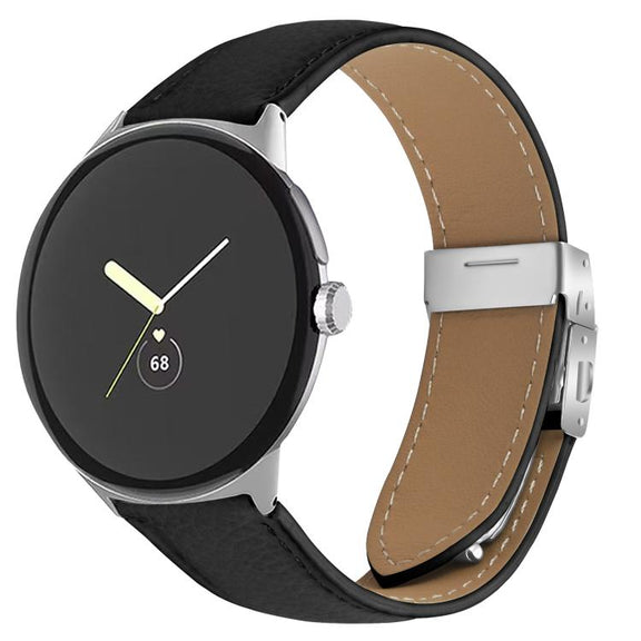 For Google Pixel Watch / Watch 2 / 3 41mm Lychee Texture Silver Turtle Back Buckle Leather Watch Band(Black)
