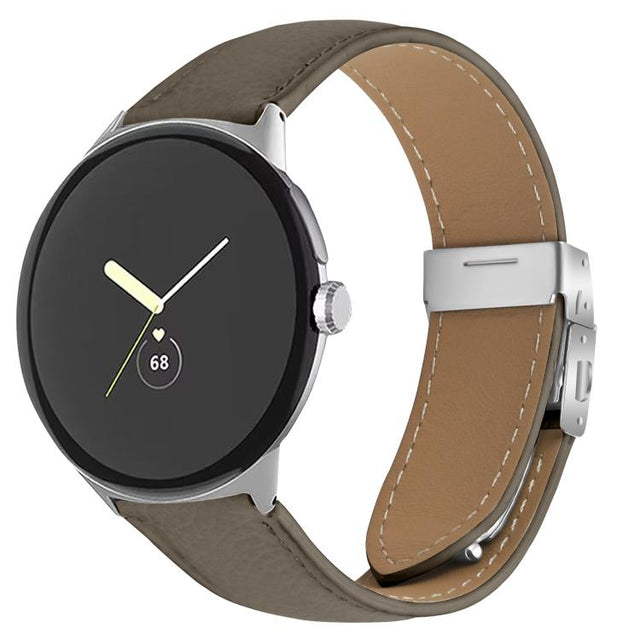 For Google Pixel Watch / Watch 2 / 3 41mm Lychee Texture Silver Turtle Back Buckle Leather Watch Band(Gray)